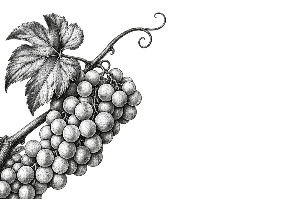 Engraving of a Sauvignon Blanc vine with leaves and grape clusters