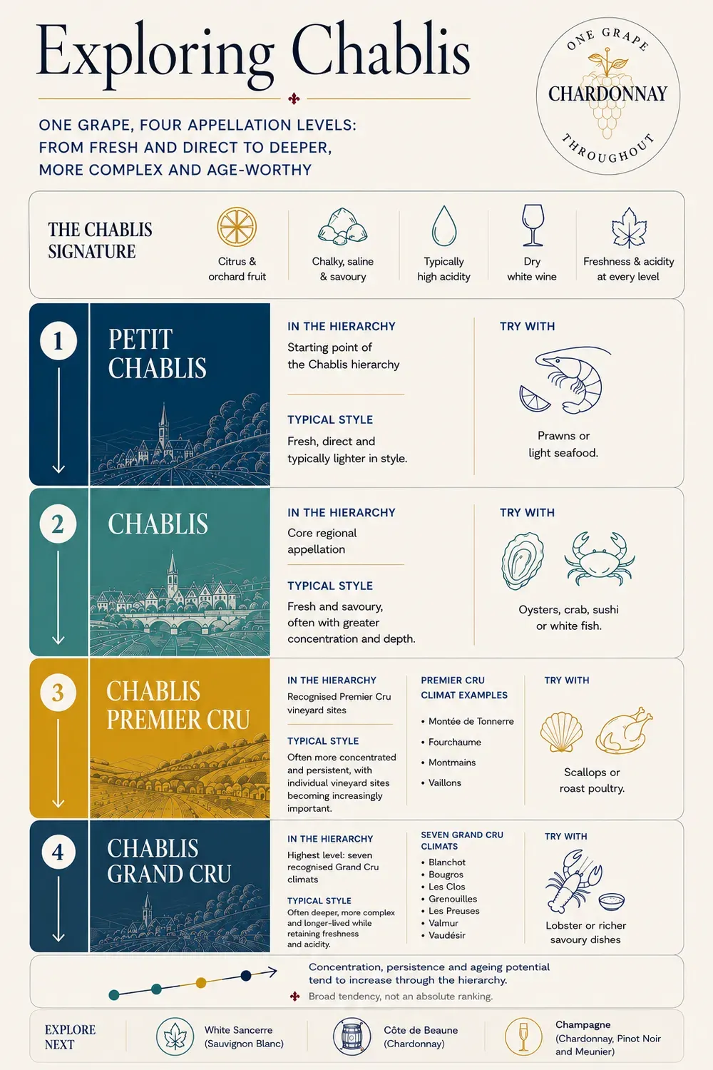 Editorial infographic titled “Exploring Chablis” showing four appellation levels: Petit Chablis, Chablis, Chablis Premier Cru and Chablis Grand Cru. It explains typical styles, food pairings, Premier Cru climat examples and the seven Grand Cru climats, with a note that concentration, persistence and ageing potential tend to increase through the hierarchy as a broad tendency, not an absolute ranking.