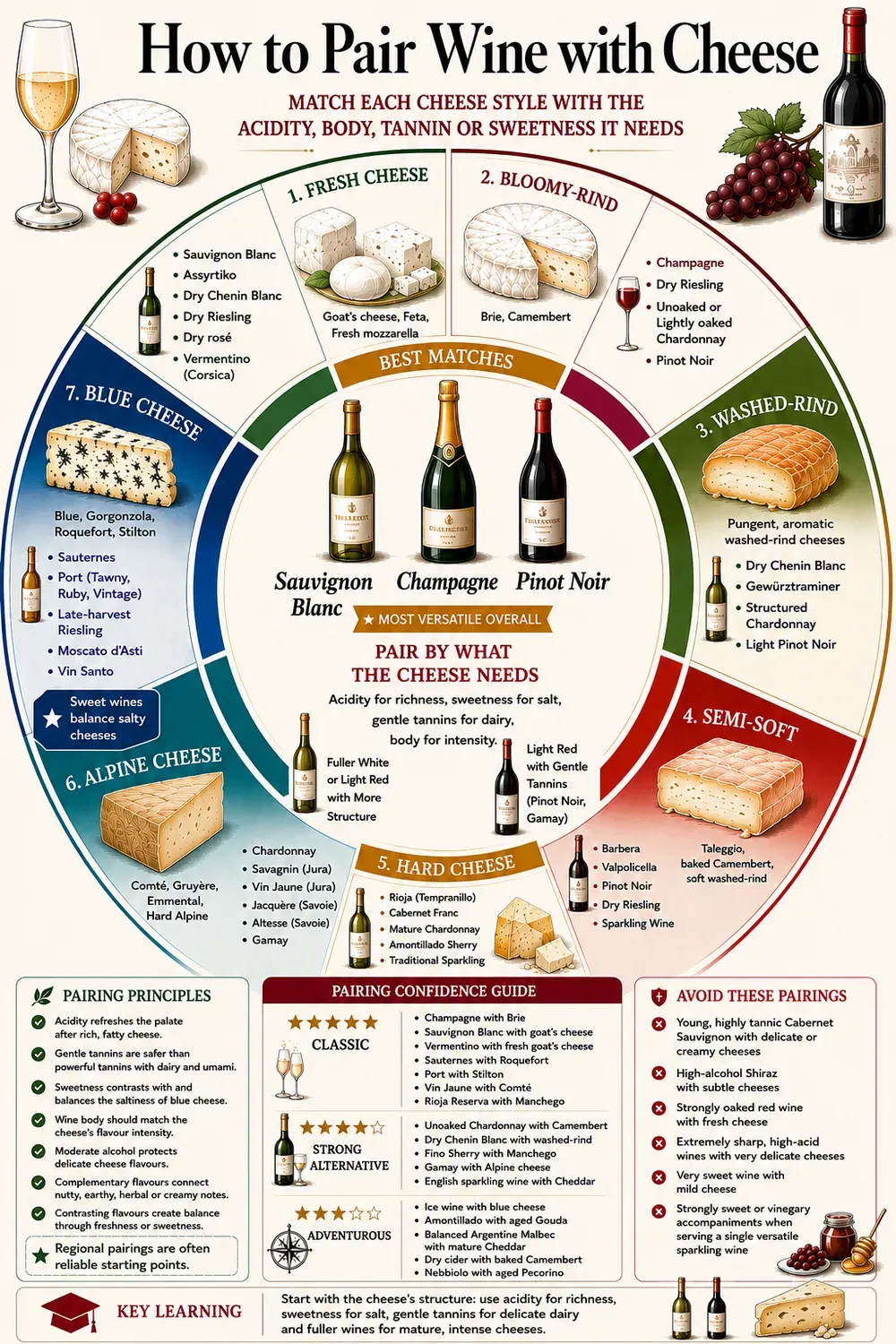 Wine and cheese pairing chart showing the best wines for fresh, bloomy-rind, washed-rind, semi-soft, hard, Alpine and blue cheeses, with Sauvignon Blanc, Champagne, Pinot Noir, Sauternes, Port, Chardonnay and regional wine pairing recommendations.