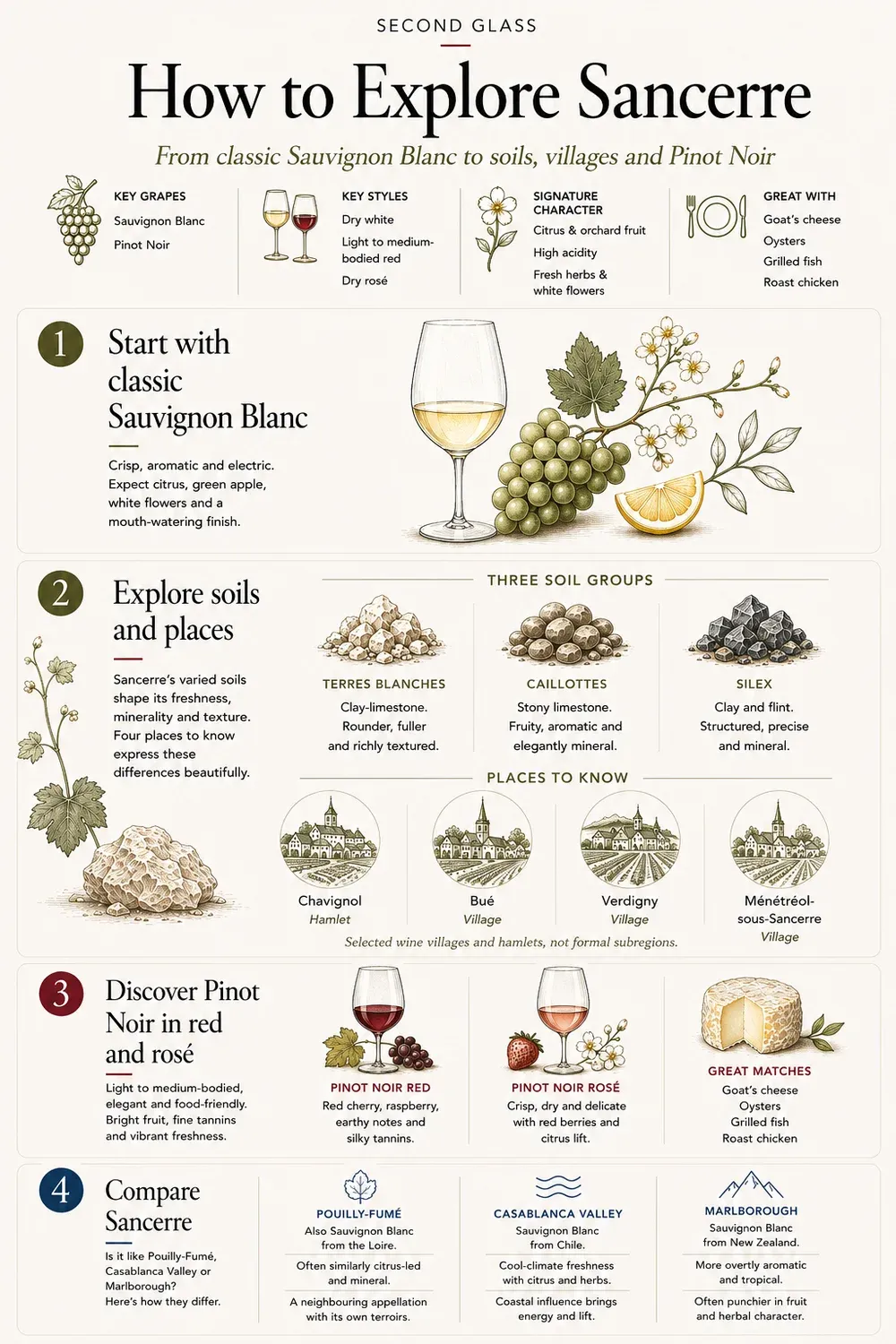 Sancerre wine guide showing Sauvignon Blanc and Pinot Noir, terres blanches, caillottes and silex soils, Chavignol, Bué, Verdigny and Ménétréol-sous-Sancerre, food pairings and comparisons with Pouilly-Fumé, Casablanca Valley and Marlborough.