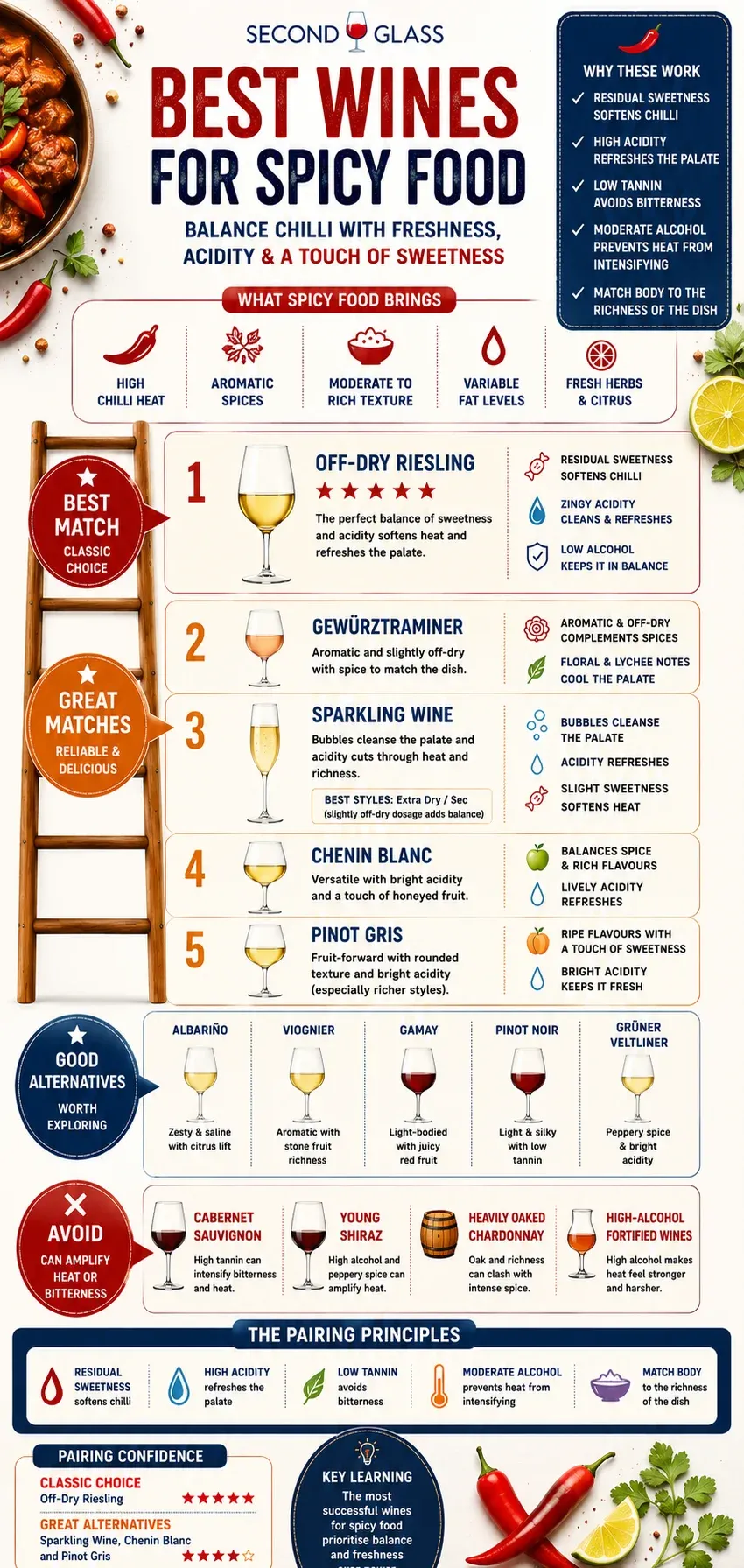 Wine pairing guide for spicy food showing the best wines for chilli, curries and spicy dishes.