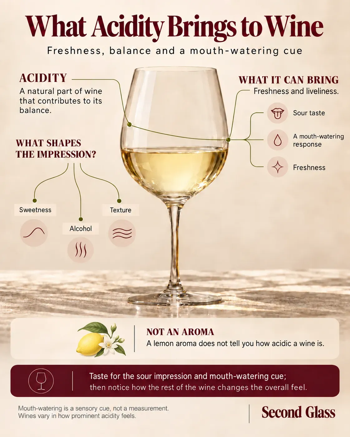 Infographic showing a glass of pale white wine crossed by a line labelled acidity, with callouts for sour taste, a mouth-watering response and freshness. Sweetness, alcohol and texture appear as factors that shape the impression. A lemon and flower illustrate the note that a lemon aroma does not tell you how acidic a wine is.