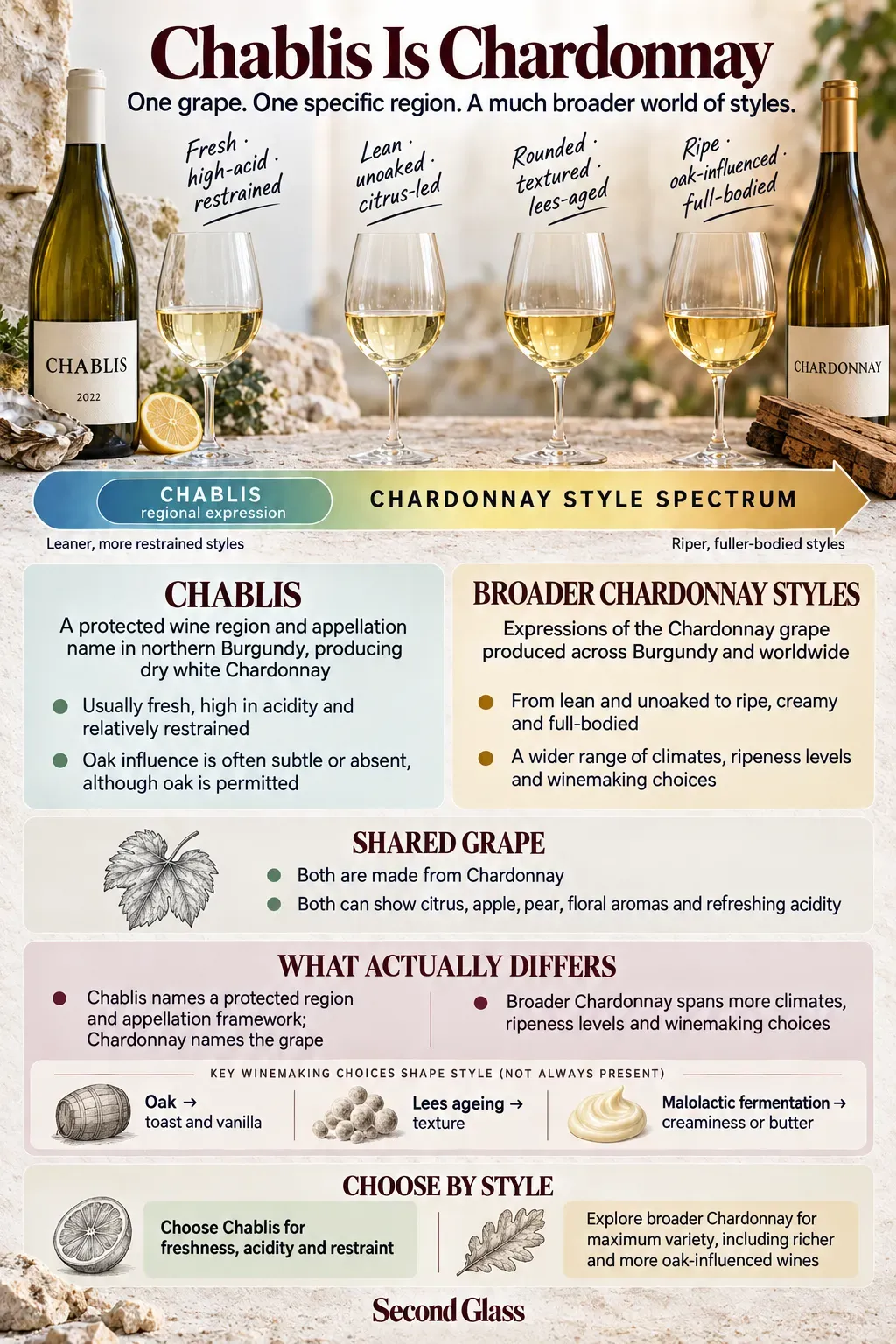 Infographic explaining that Chablis is a protected northern Burgundy wine region and appellation producing Chardonnay, shown within a broader spectrum ranging from lean and fresh to richer and oak-influenced Chardonnay styles.
