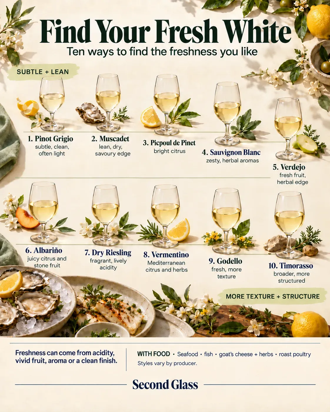 Portrait infographic titled “Find Your Fresh White,” with ten numbered wine styles arranged in two rows: Pinot Grigio, Muscadet, Picpoul de Pinet, Sauvignon Blanc, Verdejo, Albariño, dry Riesling, Vermentino, Godello and Timorasso. Each has a short tasting cue. A freshness definition and food-pairing suggestions sit in the footer, on a cream background decorated with citrus and herbs.