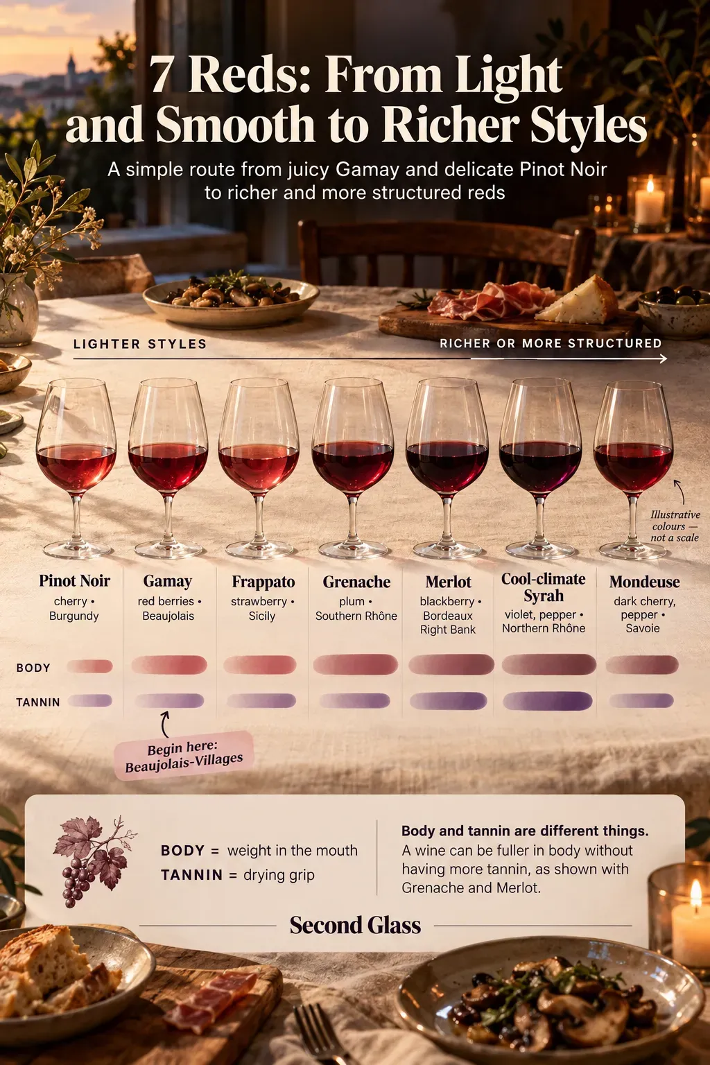 Infographic showing seven red wines from Pinot Noir, Gamay and Frappato to Grenache, Merlot, cool-climate Syrah and Mondeuse. Separate body and tannin indicators show a broad progression, with wine colours marked as illustrative rather than a scale. A callout recommends Beaujolais-Villages as a starting point.