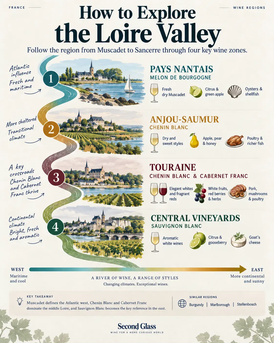 Illustrated guide to Loire Valley wine showing a west-to-east journey through four zones: Pays Nantais with Melon de Bourgogne and Muscadet; Anjou-Saumur with Chenin Blanc; Touraine with Chenin Blanc and Cabernet Franc; and the Central Vineyards with Sauvignon Blanc. The path shows the transition from Atlantic influence in the west to a more continental climate in the east, with typical flavours and food pairings for each zone.