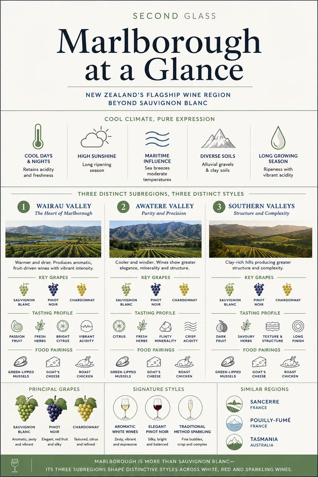 Infographic guide to Marlborough wine showing its climate, Wairau Valley, Awatere Valley and Southern Valleys, key grapes, tasting profiles, food pairings and signature wine styles.