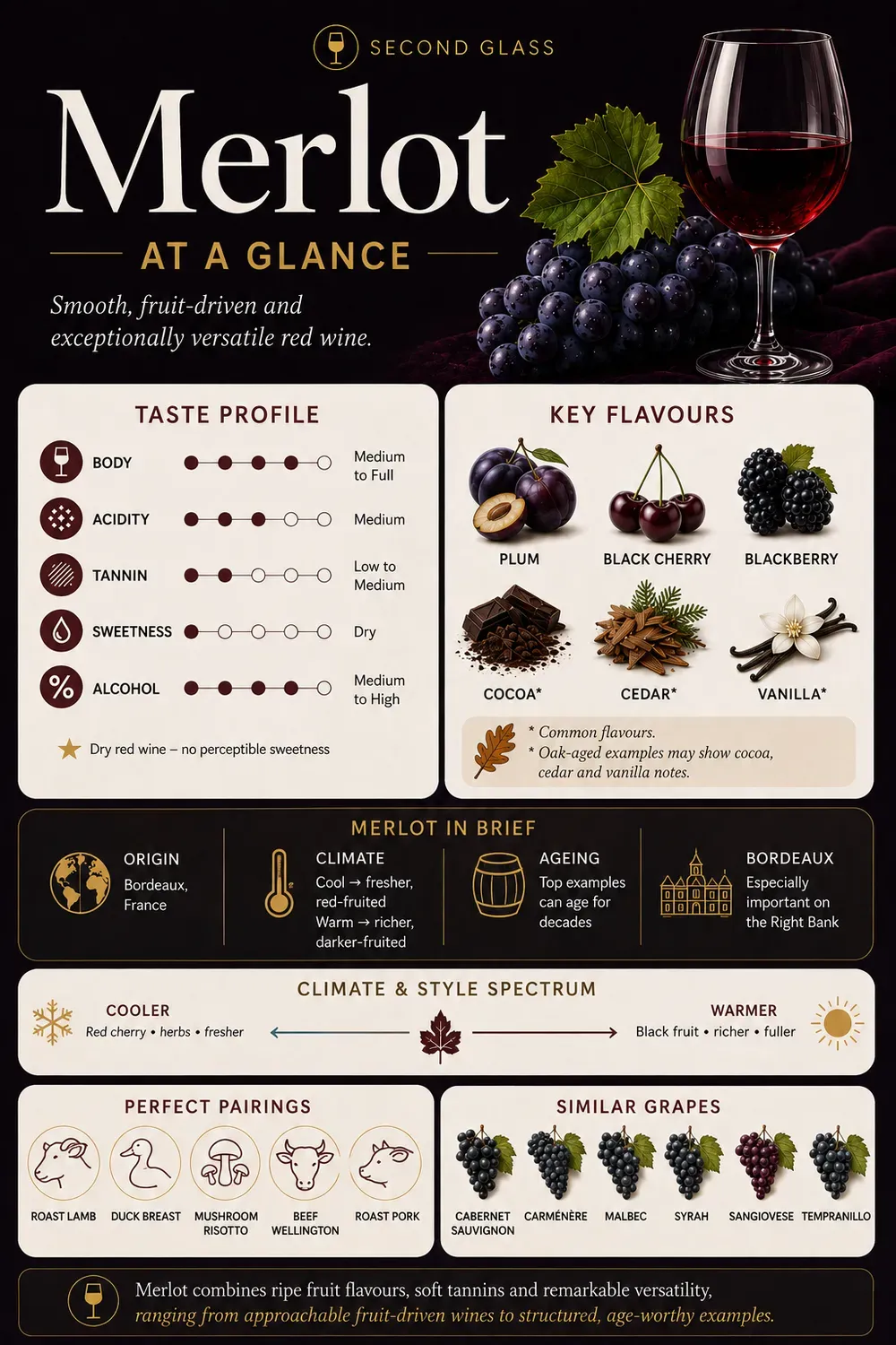 Merlot wine infographic showing its medium-to-full body, medium acidity, low-to-medium tannins and dry style, with plum, black cherry and blackberry flavours. It explains how cooler climates produce fresher, red-fruited Merlot while warmer climates create richer, darker-fruited wines, alongside Bordeaux origins, ageing potential, food pairings and similar grape varieties.
