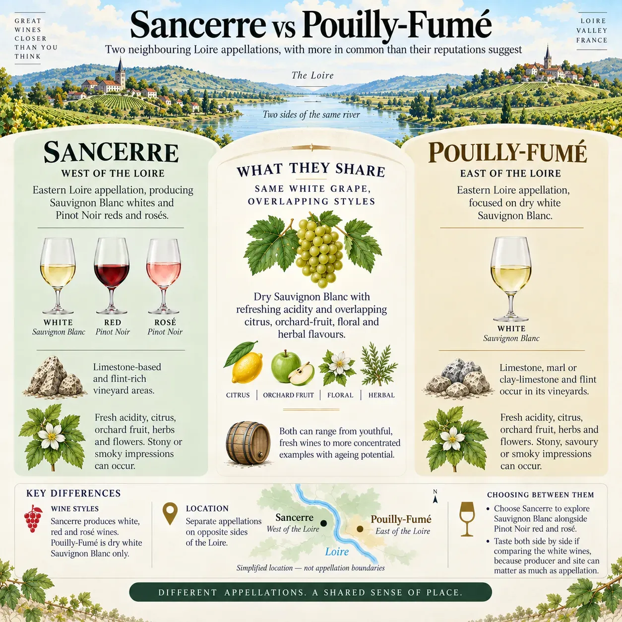 Comparison of Sancerre and Pouilly-Fumé, neighbouring Loire appellations on opposite sides of the Loire. Both produce dry Sauvignon Blanc with overlapping fresh, citrus, orchard-fruit, floral and herbal character, while Sancerre also produces Pinot Noir red and rosé.