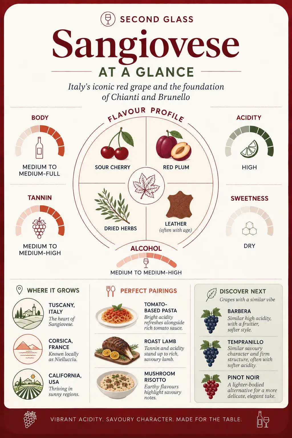 Sangiovese taste profile infographic showing high acidity, medium to medium-high tannin, sour cherry, red plum, dried herbs and leather with age, plus key regions, food pairings and similar grapes.