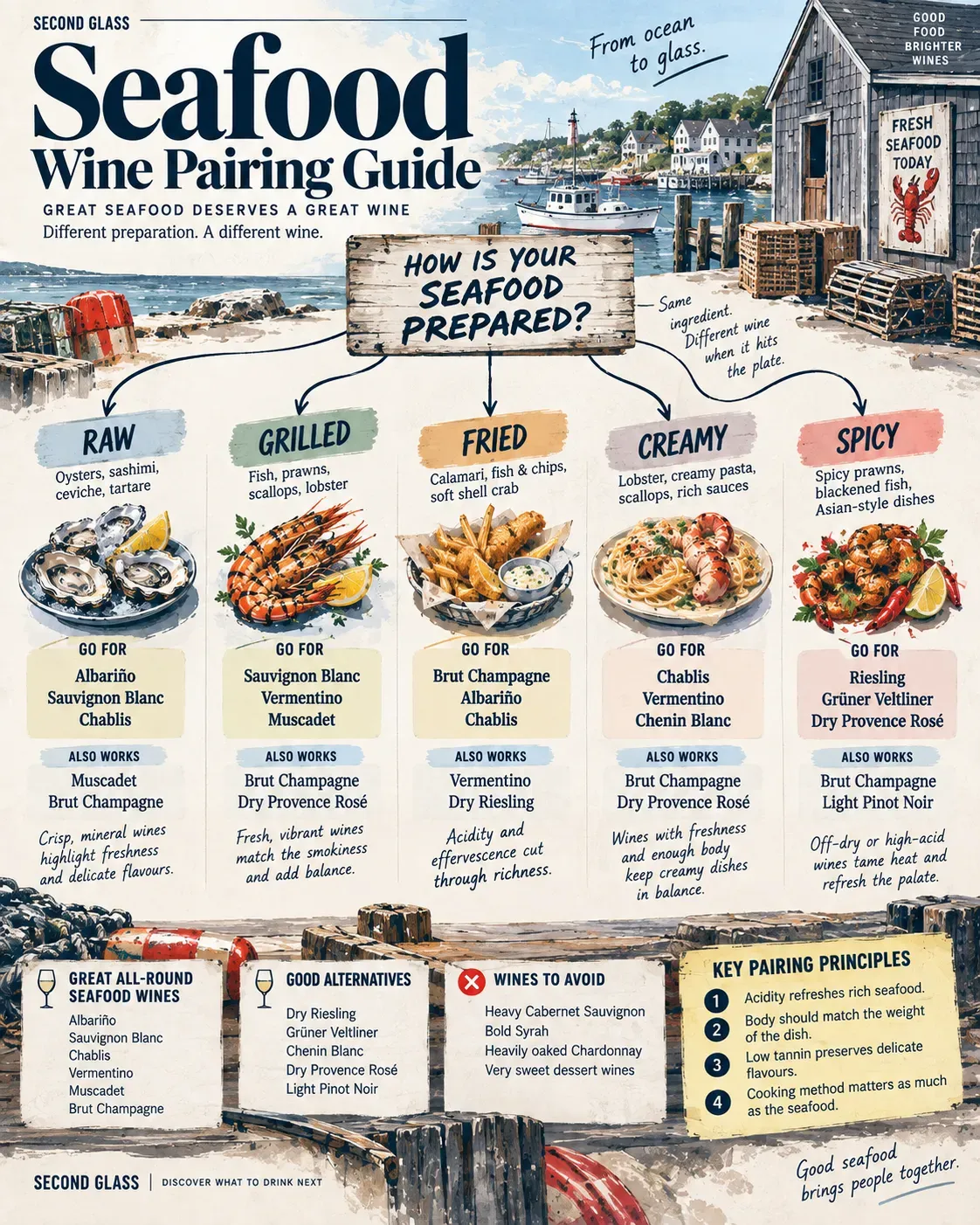 Illustrated seafood wine pairing decision guide set in a New England coastal harbour, showing wine recommendations for raw, grilled, fried, creamy and spicy seafood.
