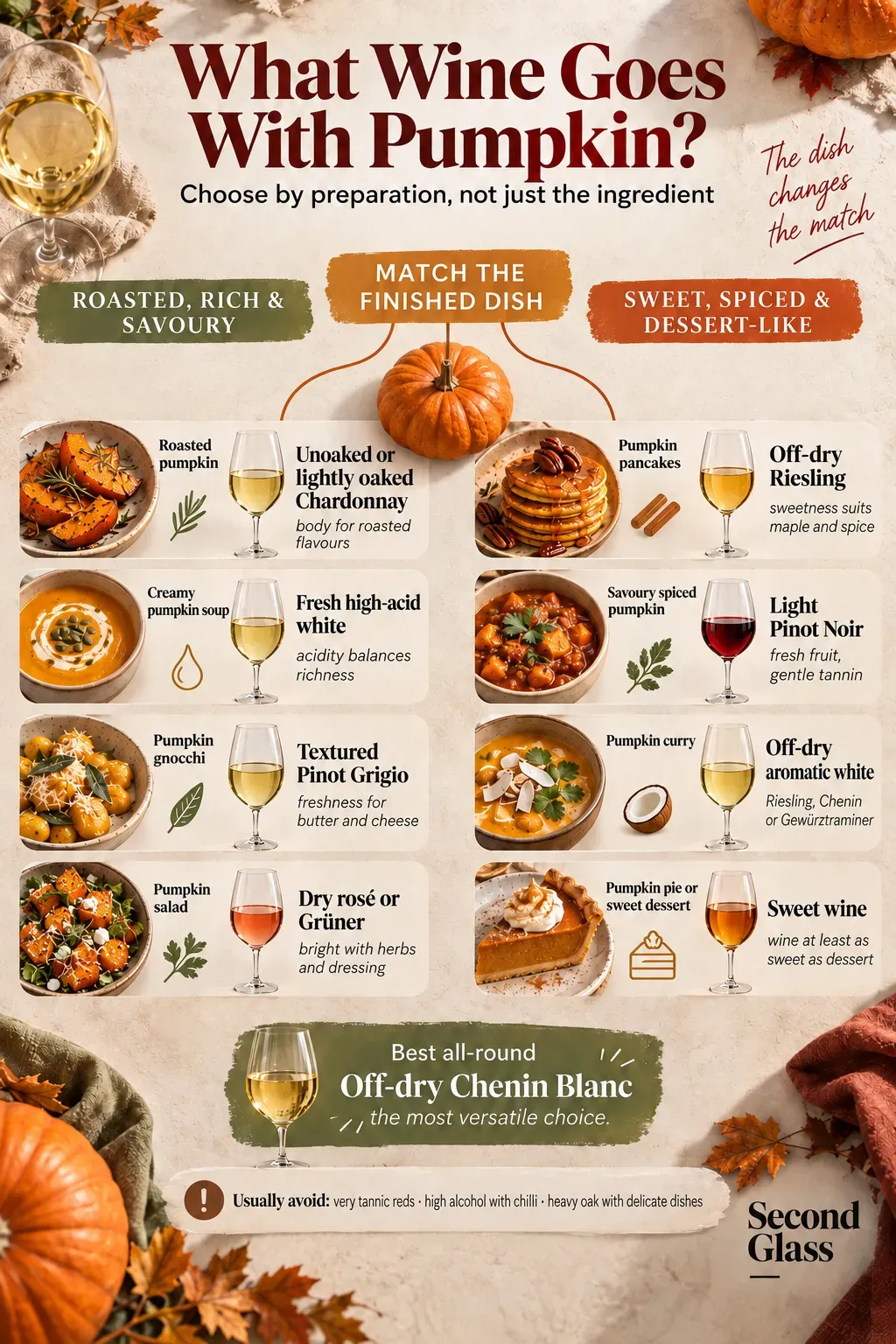 Editorial infographic showing eight pumpkin dishes matched with wine styles, including Chardonnay with roasted pumpkin, high-acid whites with creamy soup, Pinot Grigio with gnocchi, Riesling with pancakes, Pinot Noir with savoury spiced pumpkin, and sweet wine with pumpkin dessert.