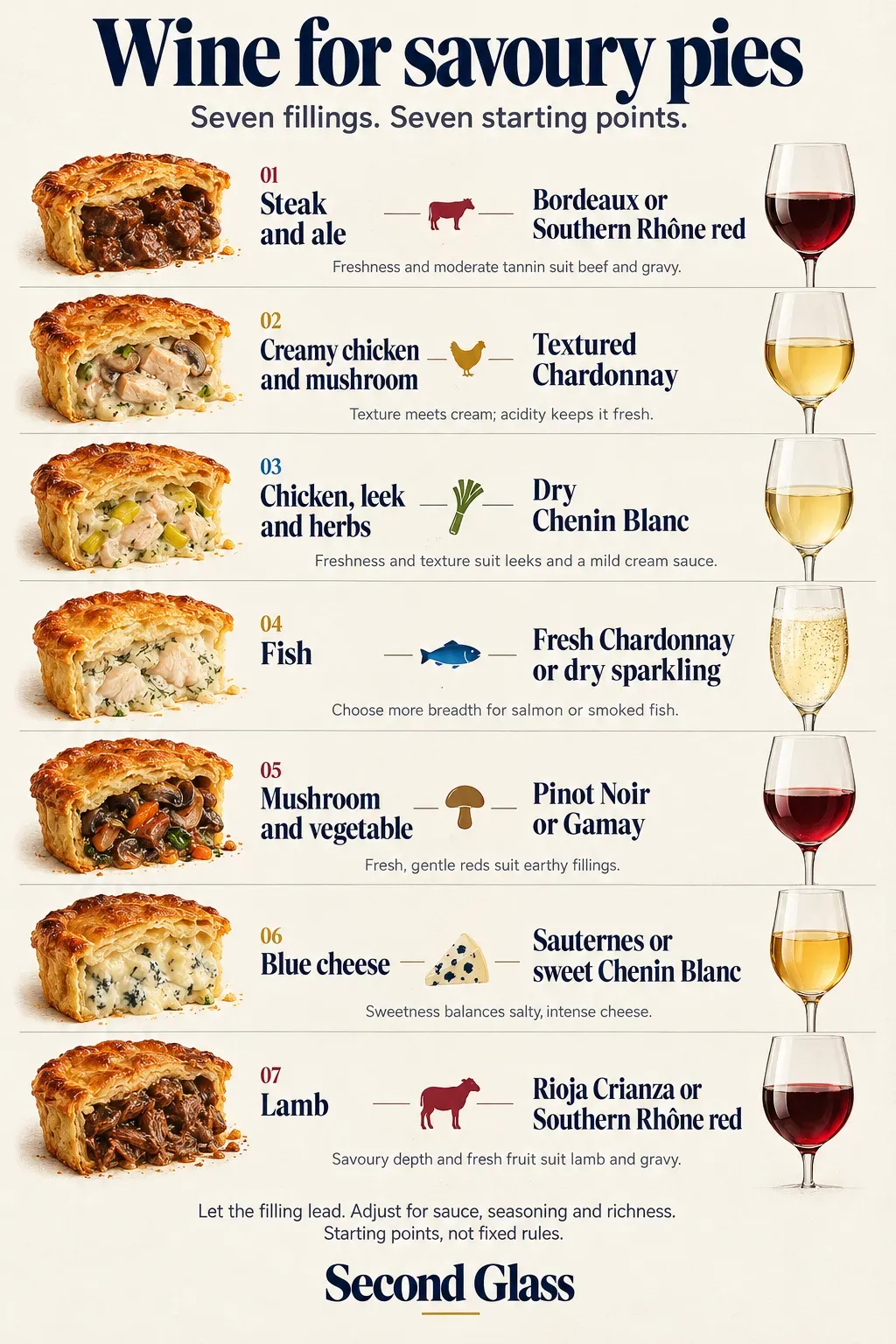Infographic showing seven savoury pies beside wine glasses: steak and ale with Bordeaux or Southern Rhône red; creamy chicken and mushroom with textured Chardonnay; chicken, leek and herbs with dry Chenin Blanc; fish with fresh Chardonnay or dry sparkling wine; mushroom and vegetable with Pinot Noir or Gamay; blue cheese with Sauternes or sweet Chenin Blanc; and lamb with Rioja Crianza or Southern Rhône red.