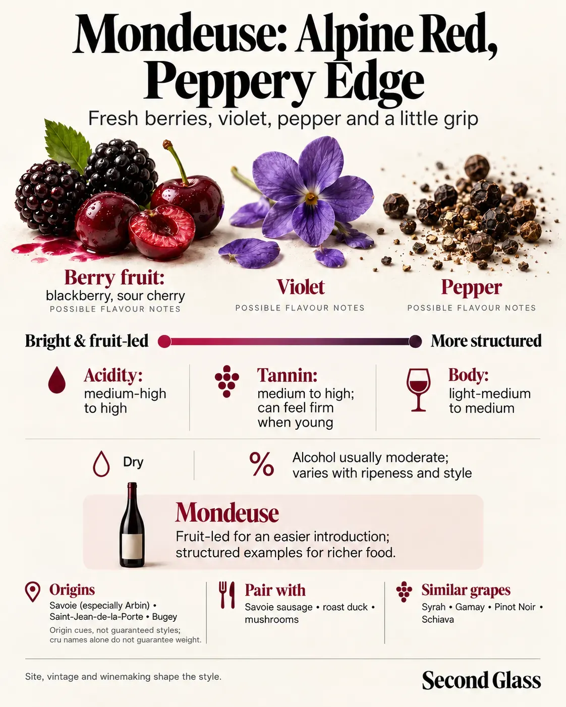 Portrait infographic about Mondeuse, titled “Mondeuse: Alpine Red, Peppery Edge”. A still life of blackberries, sour cherries, violet and peppercorns illustrates possible flavour notes. The graphic shows a style spectrum from bright and fruit-led to more structured, with separate acidity, tannin and body descriptions, plus origins, food pairings and similar grapes.