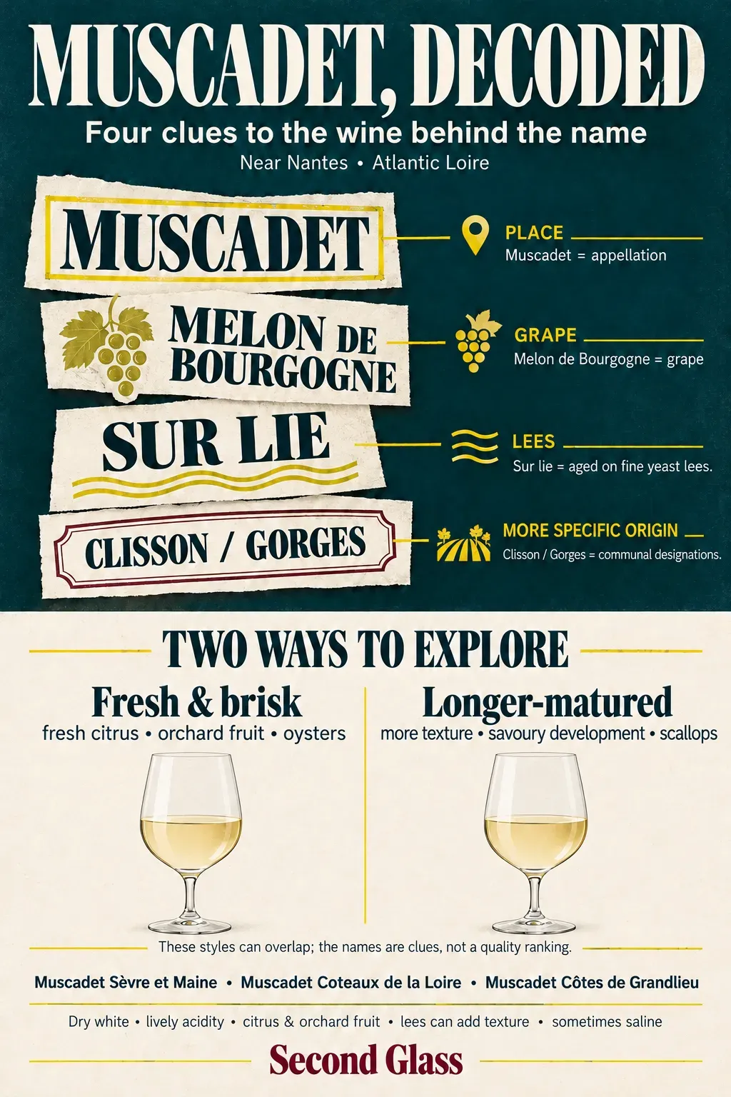 Infographic decoding Muscadet: the appellation, Melon de Bourgogne grape, sur lie ageing and communal designations such as Clisson and Gorges, with a comparison of fresh and longer-matured styles.