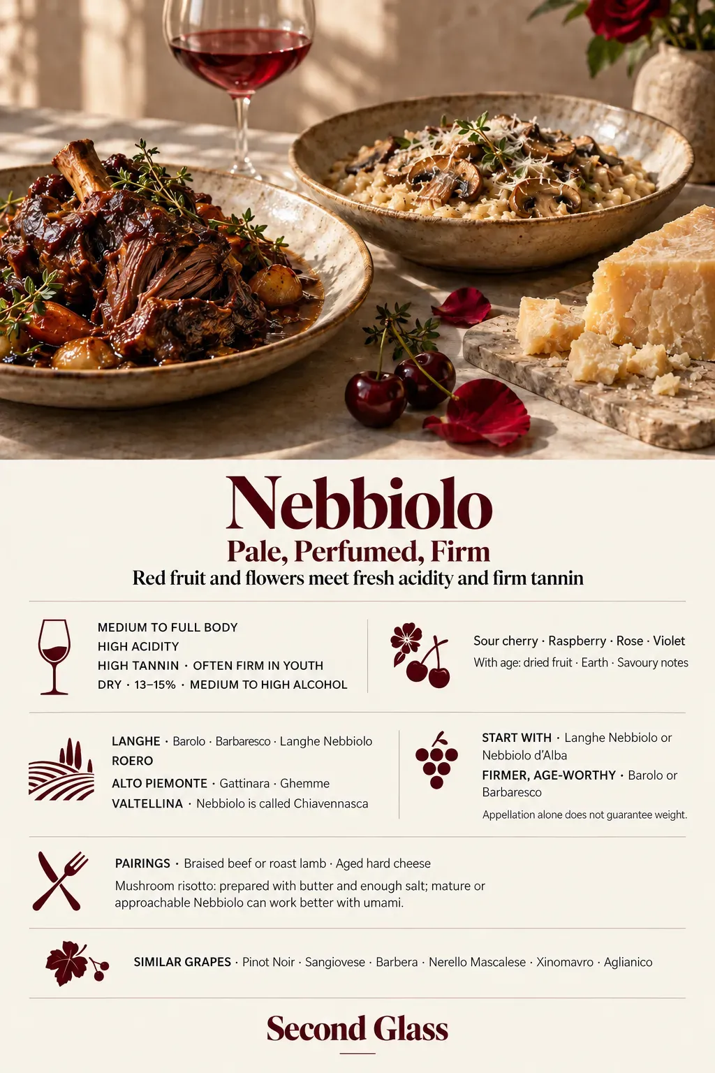A vertical Nebbiolo infographic with a still life of red wine, braised meat, mushroom risotto and aged cheese. It summarises Nebbiolo’s high acidity, firm tannin, cherry and floral flavours, regional styles and food pairings.