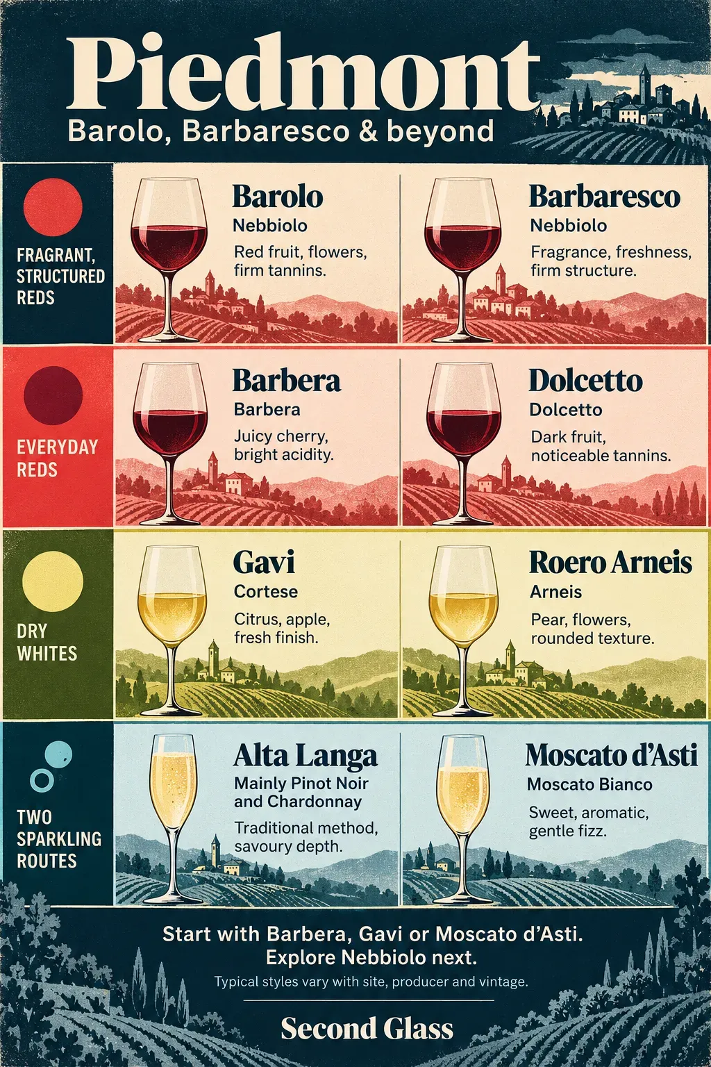 Illustrated Piedmont wine infographic grouping Barolo and Barbaresco, Barbera and Dolcetto, Gavi and Roero Arneis, and Alta Langa and Moscato d’Asti into four wine styles.