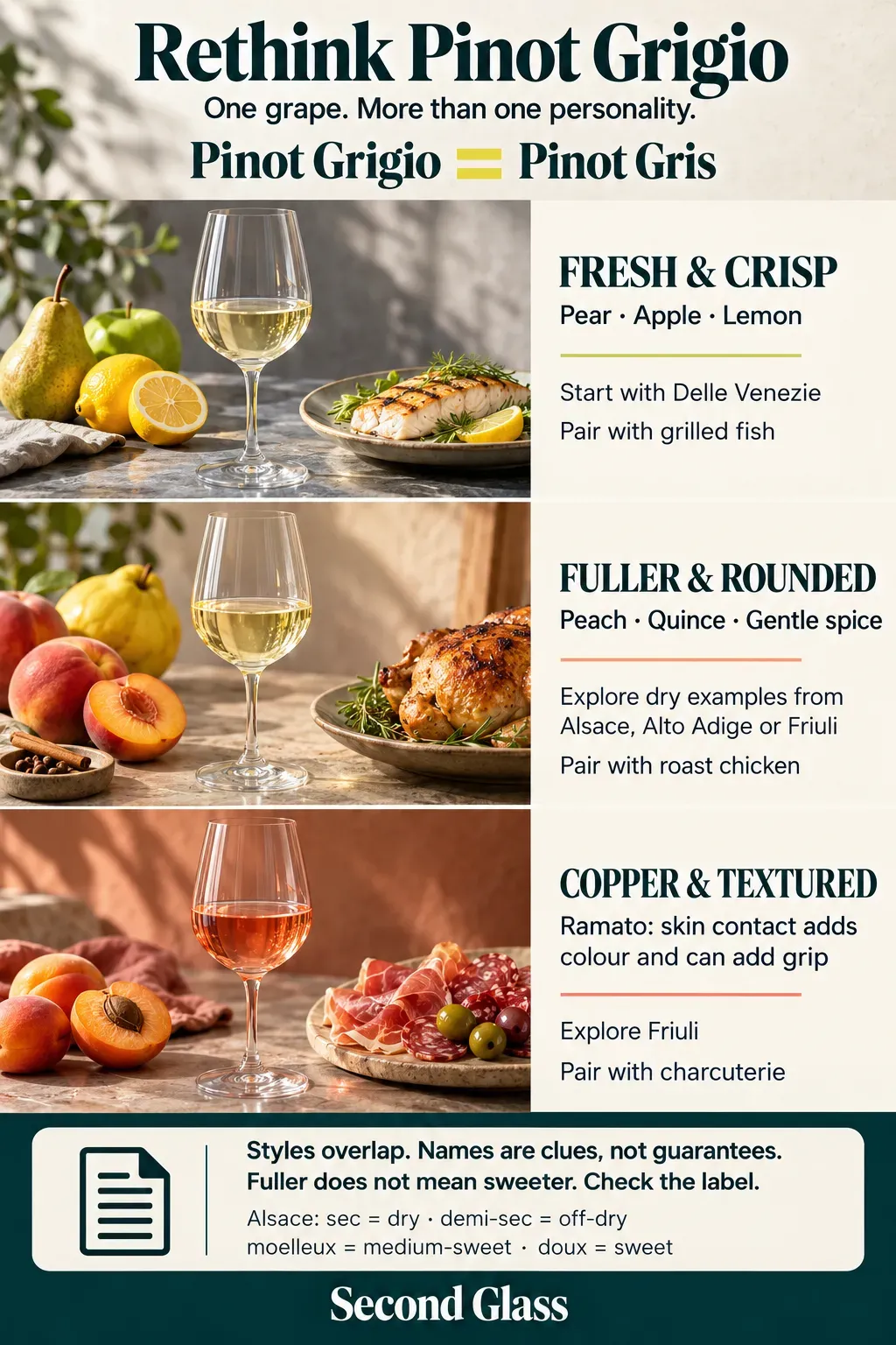 Photographic Pinot Grigio guide arranged in three horizontal rows. Pale white wines appear alongside pear, apple, lemon and grilled fish, then peach, quince and roast chicken. Copper-pink ramato appears with charcuterie. Adjacent text explains each style’s flavours, origins and pairing, with shared sweetness guidance below.