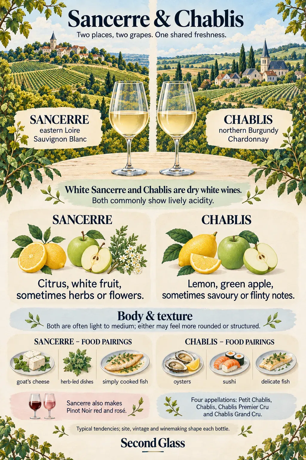 Portrait infographic comparing Sancerre and Chablis. Separate vineyard scenes identify Sancerre with the eastern Loire and Sauvignon Blanc, and Chablis with northern Burgundy and Chardonnay. Two matching pale wines meet on a shared table, above notes on acidity, aromas, body and texture, food pairings, and one further-exploration fact for each region.