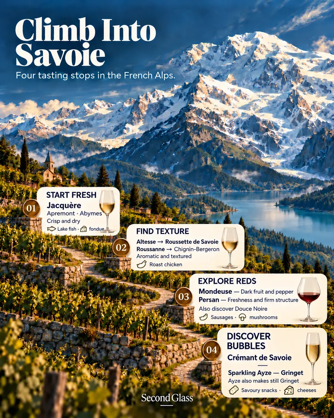 An infographic set among Savoie’s Alpine vineyards, with Mont Blanc and a lake behind a winding stone path linking four tasting stops. It highlights Jacquère; Altesse as Roussette de Savoie and Roussanne as Chignin-Bergeron; Mondeuse and Persan; and Crémant de Savoie alongside Gringet-based sparkling Ayze. Wine glasses and small food-pairing symbols accompany the cards.