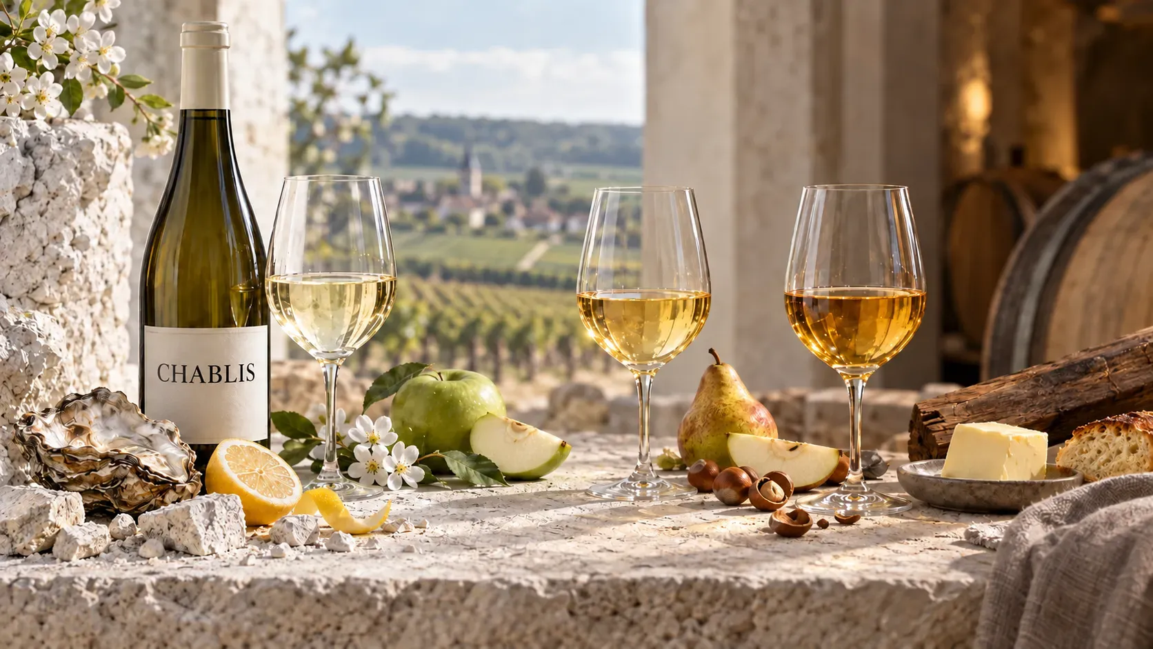 Chablis bottle with Chablis glass and glasses of darker chardonnays