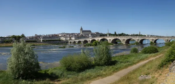 A bridge over the Loire river with a city in the background
