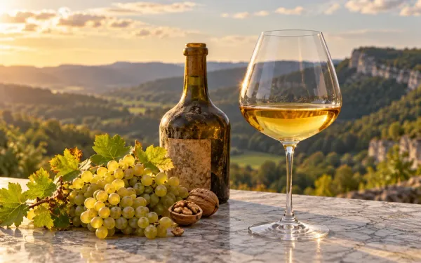 Glass of vin Jaune with Savagnin grape on the left, a dusty bottle of vin Jaune and a couple of walnuts. Background is a Jura landscape.